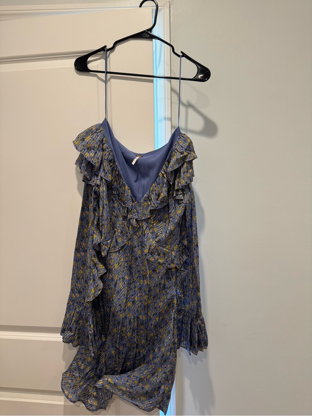 Ruffled Long Sleeve Floral Dress in Blue and Yellow